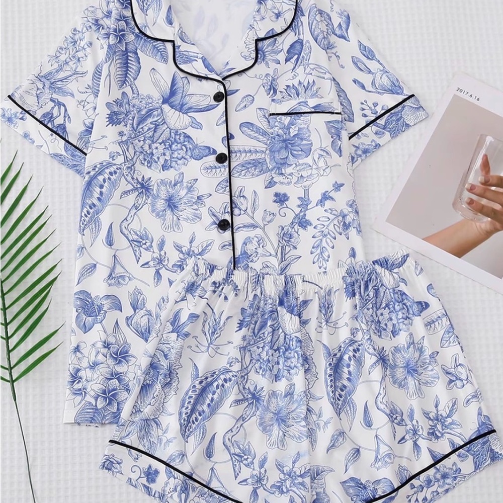 Blue Floral Short Pajama Set - Women's XL